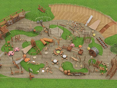 Natural Wooden Children's Play Area With Slides Swings Climbing Frames And Green Lawn 3d model