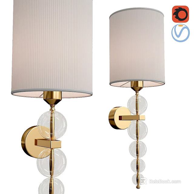 Elegant Modern Gold Metal Wall Lamps With White Pleated Shade And Glass Globe Accents 3d model 