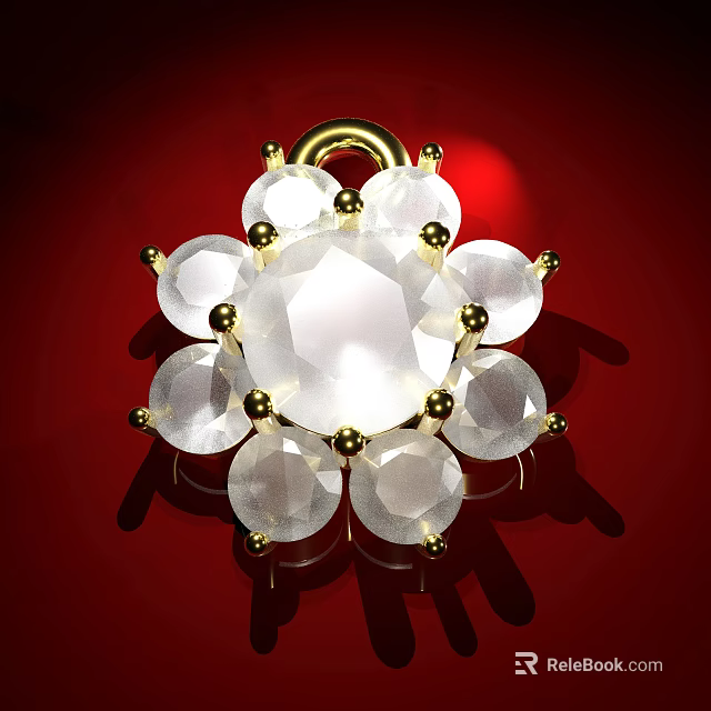 Elegant Flower Shaped White Gemstone Brooch With Golden Connectors On Red Background 3d model 