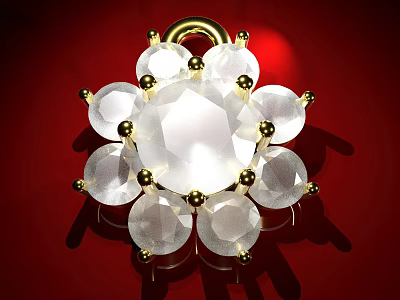 Elegant Flower Shaped White Gemstone Brooch With Golden Connectors On Red Background 3d model
