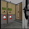 Public Toilet Interior With Wooden Cubicle Doors Gray Walls Sink Mirror And Yellow Strip Lighting