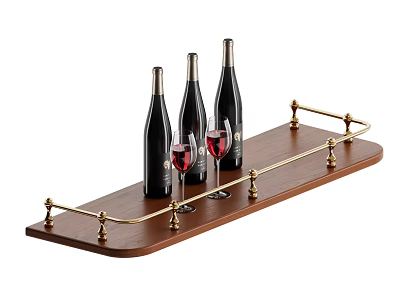 Wooden Wine Rack With Gold Metal Accents Tray Design Holding Wine Bottles And Glasses 3d model