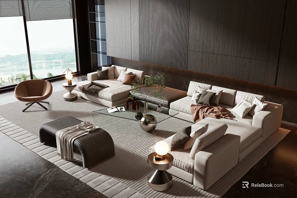 Modern Living Room Interior Sofa Coffee Table Combination With Pillows Area Rug And Decorative Lamps 3d model 
