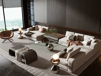Modern Living Room Interior Sofa Coffee Table Combination With Pillows Area Rug And Decorative Lamps 3d model