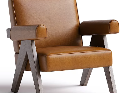 Brown Leather Single Sofa With Armrests And Modern Wooden Legs Design 3d model