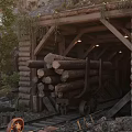 Wooden Tunnel With Stacked Logs On Rail Track Surrounded By Trees Rocks And Rustic Equipment