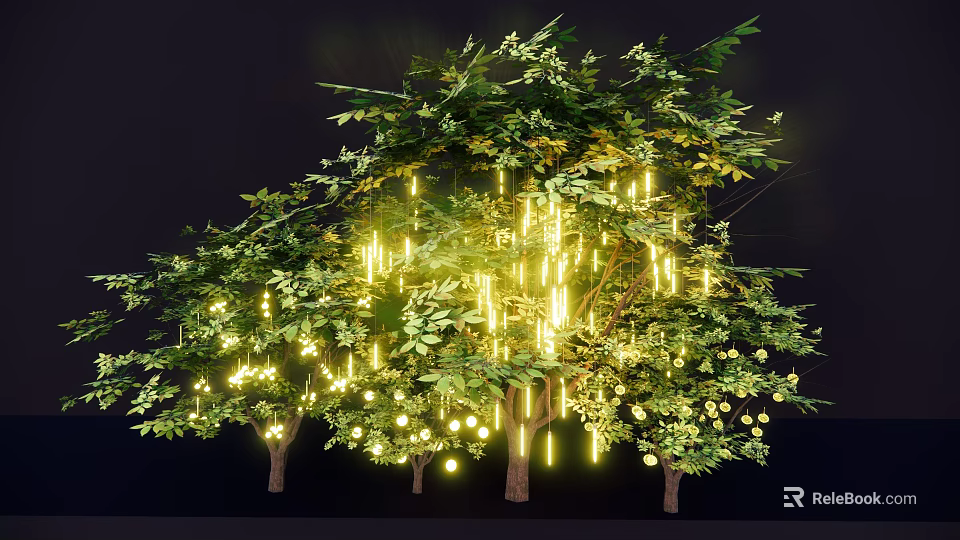 Garden Landscape With Lush Leaf Tree Decorated By Yellow Lights On Dark Background 3d model