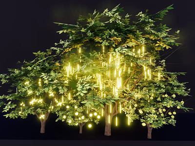 Garden Landscape With Lush Leaf Tree Decorated By Yellow Lights On Dark Background 3d model
