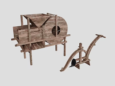 Traditional Wooden Agricultural Equipment With Wheel And Frame Structure For Grain Processing 3d model