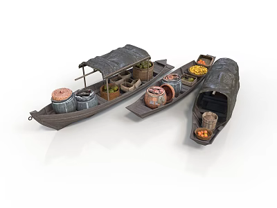 Traditional Wooden Boats Loaded With Fruit Baskets Barrels And Various Goods 3d model