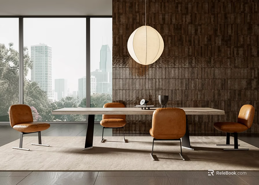 Modern Dining Table And Orange Leather Chairs With City View Through Window 3d model