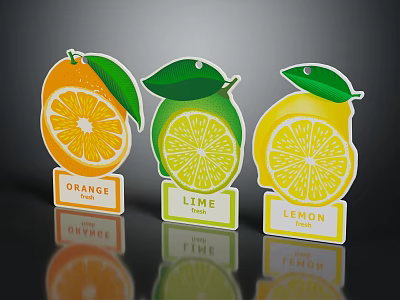 Colorful Fruit Freshness Labels With Sliced Orange Lime Lemon And Leaf Design 3d model