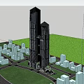 Twin Modern Skyscrapers Surrounded by Green Trees and Sea View Under Blue Sky