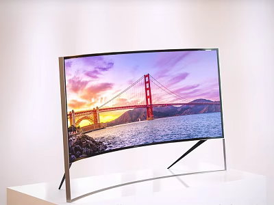Curved Television Displaying Golden Gate Bridge Sunset View With Sleek Metal Stand On White Platform 3d model
