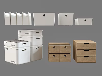 White and Brown Storage Baskets with Lids and Drawers in Various Sizes 3d model