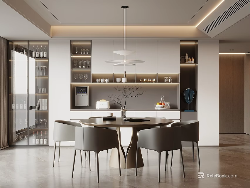 Elegant Modern Restaurant Interior With Round Dining Table Gray Chairs Hanging Light And Wine Cabinet 3d model 