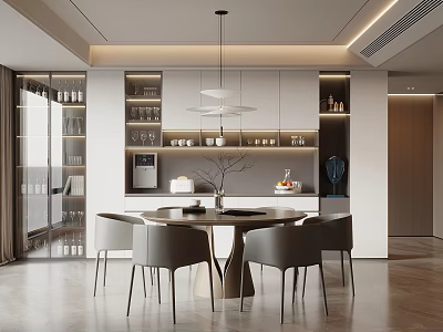 Elegant Modern Restaurant Interior With Round Dining Table Gray Chairs Hanging Light And Wine Cabinet 3d model