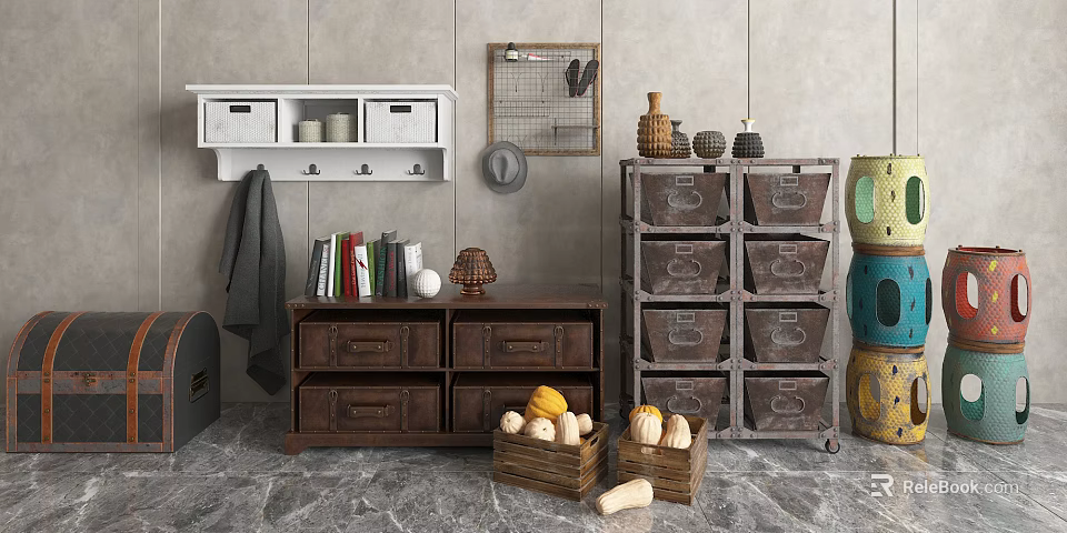 Rustic Wooden Entryway Cabinet And Side Cabinet With Drawers Storage Baskets And Decorative Pumpkins 3d model 