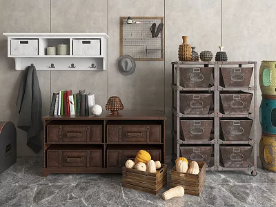 Rustic Wooden Entryway Cabinet And Side Cabinet With Drawers Storage Baskets And Decorative Pumpkins 3d model