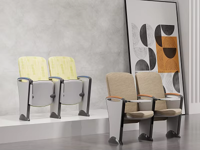 Modern Yellow And Beige Armchairs With Woven Seats Against Gray Wall And Decorative Artwork 3d model