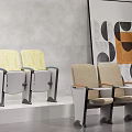Modern Yellow And Beige Armchairs With Woven Seats Against Gray Wall And Decorative Artwork
