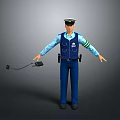 Game Movie Character Police Officer In Blue Uniform With Cap Vest And Walkie Talkie