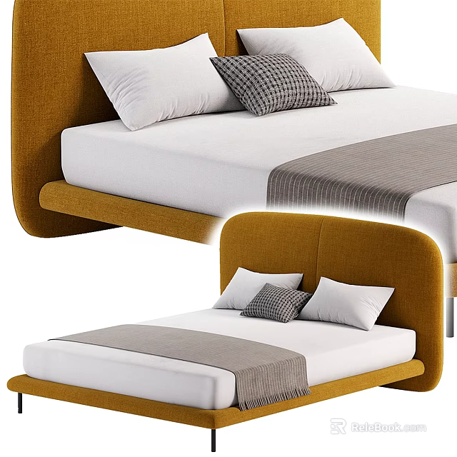 Modern Double Bed With Yellow Velvet Curved Headboard White Sheets Gray Blanket And Pillows 3d model 