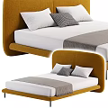 Modern Double Bed With Yellow Velvet Curved Headboard White Sheets Gray Blanket And Pillows