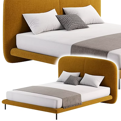 Modern Double Bed With Yellow Velvet Curved Headboard White Sheets Gray Blanket And Pillows 3d model