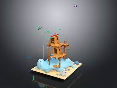 Scenic Landscape with Wooden Treehouse on Ice Blue Platform Small Stones and Green Blue Birds 3d model