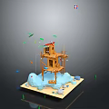 Scenic Landscape with Wooden Treehouse on Ice Blue Platform Small Stones and Green Blue Birds