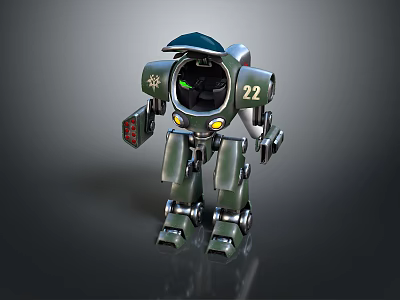 Game And Movie Character Green Robot Number 22 Mechanical Design Yellow Eyes Red Arm 3d model