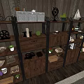Wooden Metal Storage Shelving Unit With Multiple Shelves Drawers And Decorative Items Against Wooden Wall