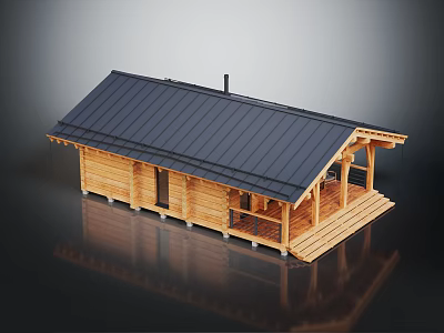 Wooden Log House With Black Metal Roof Porch And Chimney Design 3d model