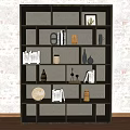 Stylish Black Bookshelf With Books Decorative Vases Photo Frame And Ornaments Against Brick Wall Background
