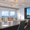 Modern Conference Room Interior With Large Windows Scenic View Chandelier And Decorative Landscape Wall