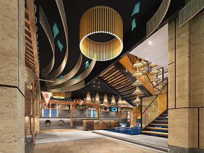 Elegant Traditional Modern Restaurant Interior With Wooden Ceiling Circular Pendant Light And Staircase 3d model