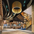 Elegant Traditional Modern Restaurant Interior With Wooden Ceiling Circular Pendant Light And Staircase