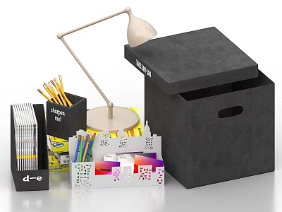 Black Open File Box With Desk Lamp Pencils And Colored Storage Organizers 3d model