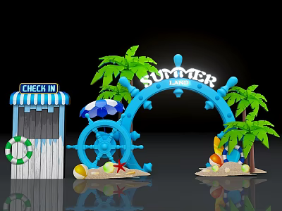 Summer Themed Check In Area With Blue Ship Wheel Arch Palm Trees And Beach Decorations 3d model