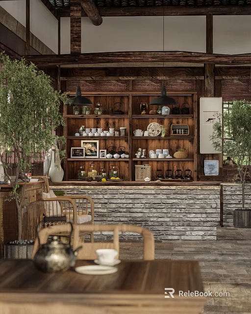 Teahouse Interior With Wooden Shelves Tea Cups Teapots And Green Plants 3d model 