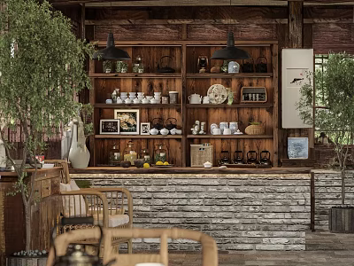 Teahouse Interior With Wooden Shelves Tea Cups Teapots And Green Plants 3d model