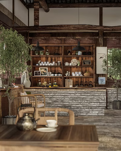 Teahouse Interior With Wooden Shelves Tea Cups Teapots And Green Plants 3d model