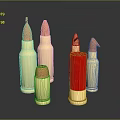 Weapon Ammunition Collection with Golden Bullets of Various Sizes and Red Cylinder