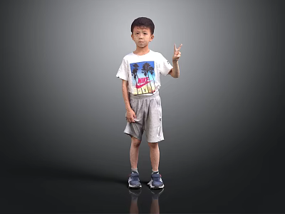 Little Boy In Gray Background Wearing White T-shirt Gray Shorts Blue Sneakers And Peace Sign 3d model