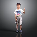 Little Boy In Gray Background Wearing White T-shirt Gray Shorts Blue Sneakers And Peace Sign