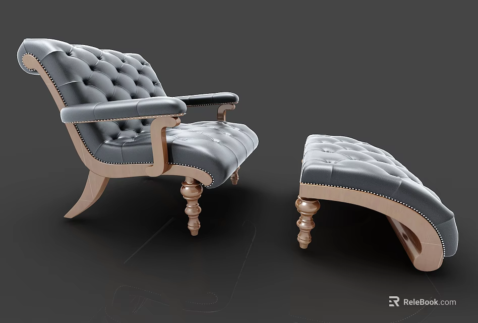 Elegant Single Sofa With Tufted Design Wooden Armrest And Matching Footstool 3d model 