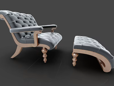 Elegant Single Sofa With Tufted Design Wooden Armrest And Matching Footstool 3d model