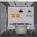 Private Dining Box With Round Table Orange Chairs Neon Decorations Astronaut Mural And Metal Screen