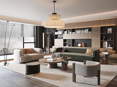 Elegant Modern Living Dining Area With Sofa Coffee Table Floor Lamp Bookshelf Pendant Light Rug 3d model